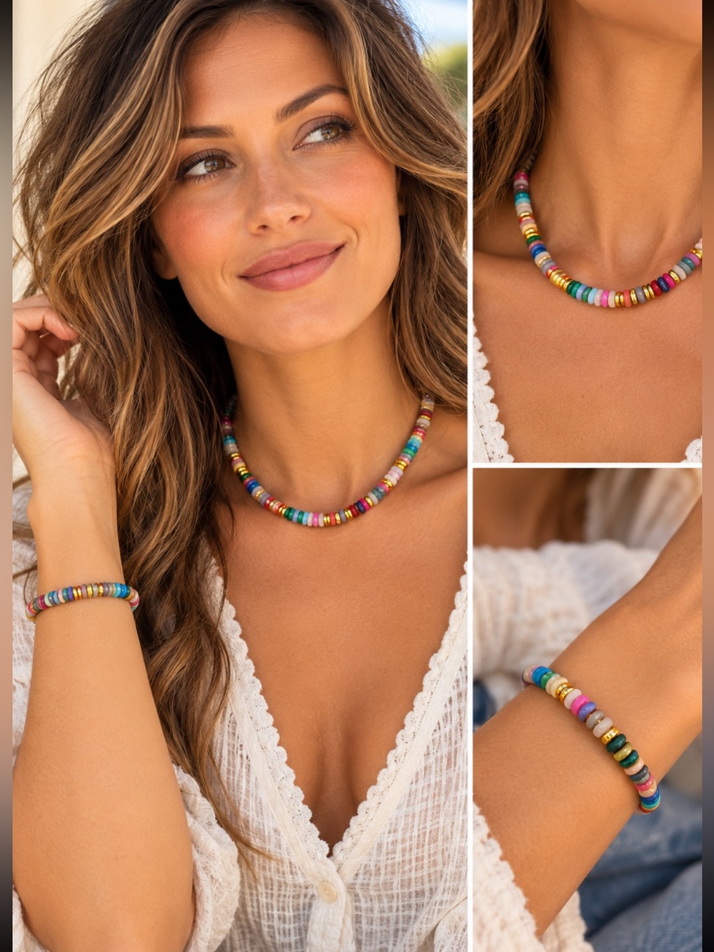 Gold Multicolor Beaded Necklace and Bracelet Set